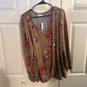 24/7 Comfort Apparel Floral Long Sleeve Top - Brown and Red
